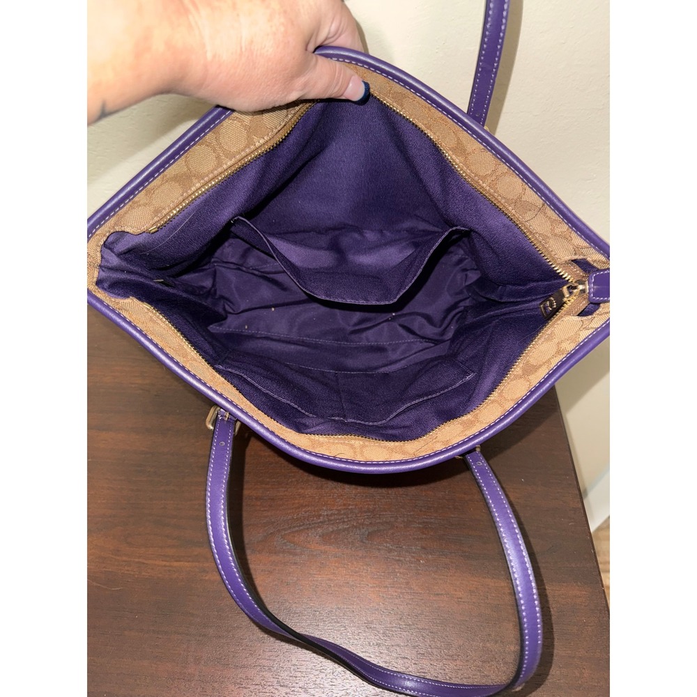 Coach Signature Stripe Tote Bag and wallet Purple Trim Canvas Leather Trim - Picture 6 of 10